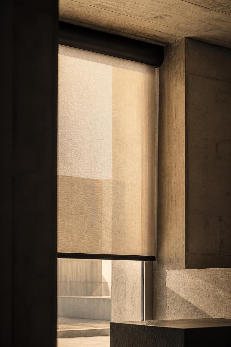 Roller shade system in a modern architectural concrete interior